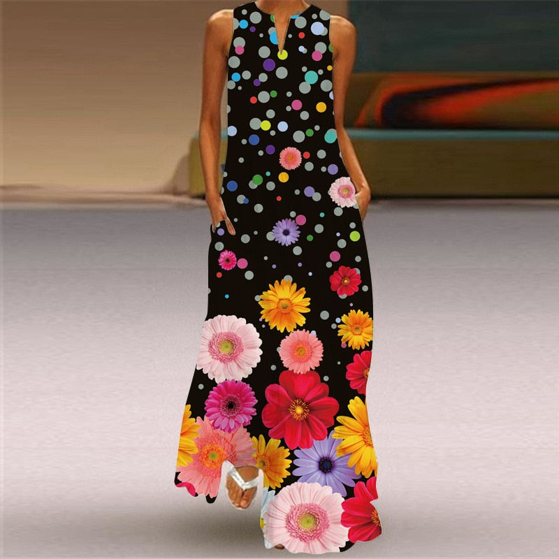 vmtvr - 3D Floral Printed Women Dress Summer Vintage V-neck Sleeveless Loose Maxi Dress Elegant Casual Ladies Party Dresses Vestidos