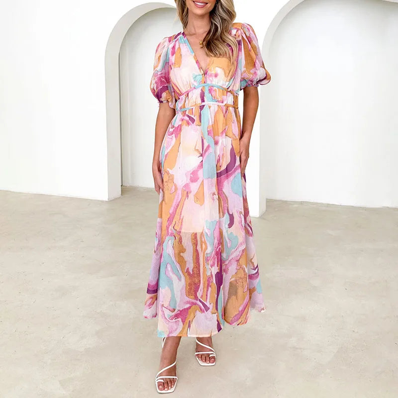 vmtvr  -  Summer Casual Puff Sleeve Party Dress Women Fashion Pattern Print Pleated Long Dress Elegant V-neck Hight Waist Boho Maxi Dress