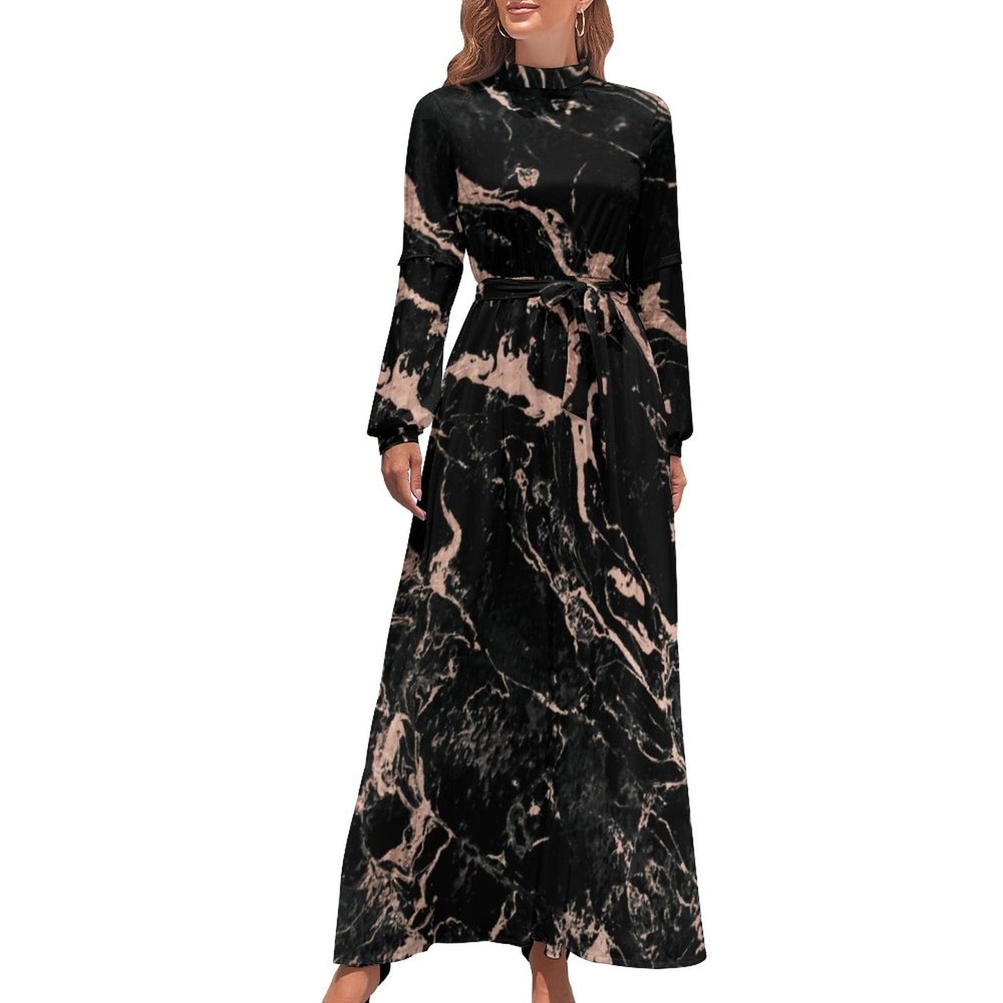 Marble Print Dress Watercolor Flow Abstract Aesthetic Bohemia Dresses Female Long Sleeve High Neck Sexy Long Maxi Dress