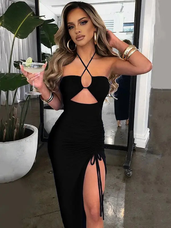 vmtvr Hot Summer Sexy Halter Backless Sleeveless Cut Out Maxi Dress for Women Elegant Club Party Slit Dresses Vestido