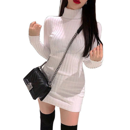 White Sexy Figure Turtleneck Tight Knitted Mini Korean Fashion Kawaii Casual Women&#39;S Elegant Dresses Autumn For Women 2022