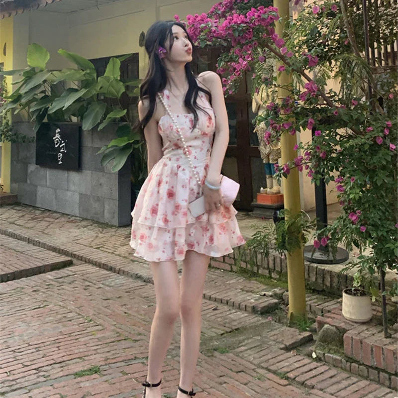 Sweet Floral Strap Dress Women Sexy Beach Party Korean Mini Dress Female Ruffles Designer Casual Fashion Chic Dress