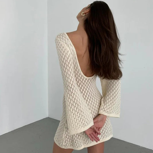 vmtvr Beige Knitted Hollow Out Mini Dress Women Long Sleeve Backless Slim Summer Beach Dress Female Fashion Sexy Cover-Ups 2024