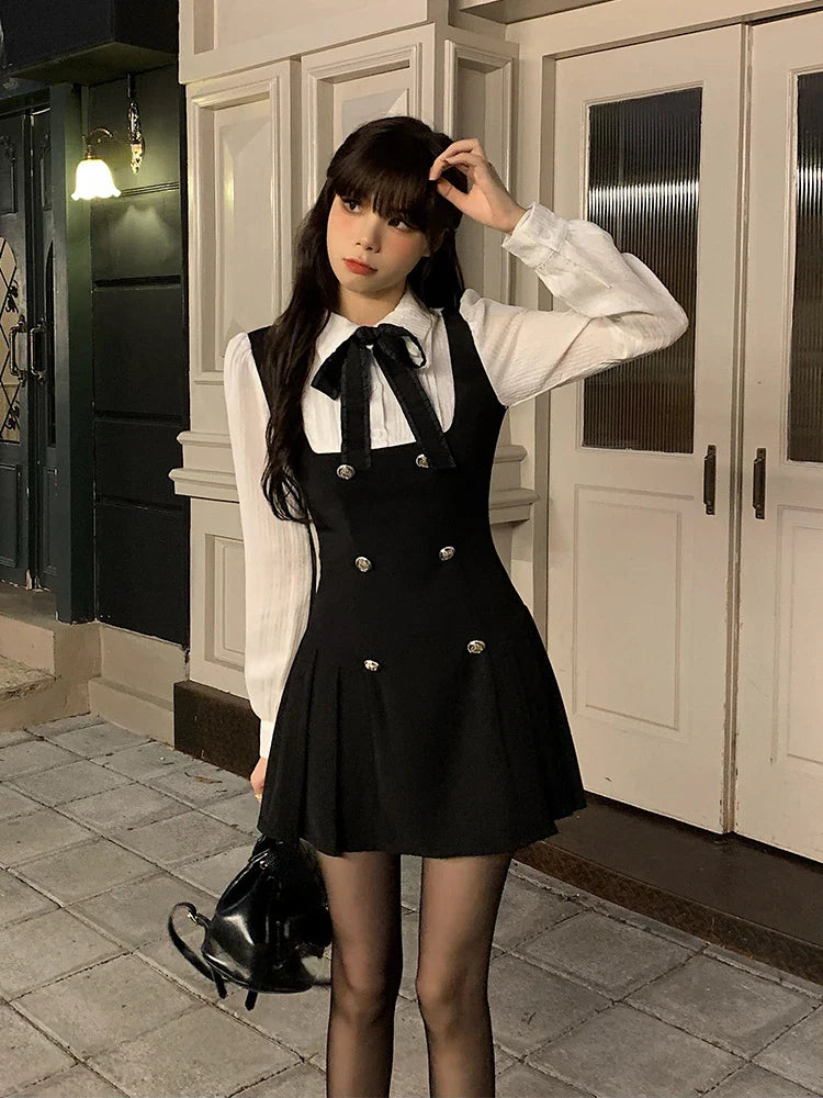 vmtvr Autumn Fake Two Dress Women Slim Chic Long Sleeve Bow Casual Y2k Mini Dress Female Korean Fashion Elegant Short Party Dress