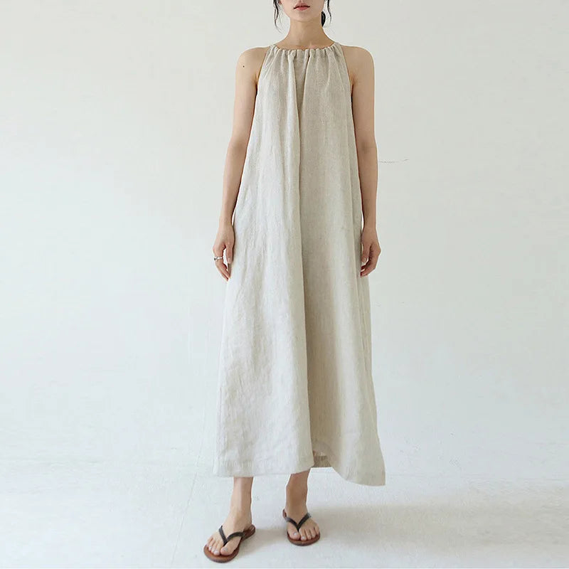 vmtvr Summer 100% Linen Elegant Dresses Women Sexy Sleeveless Halter Bandage Long Midi Boho Beach Party Dresses For Lady Colthes