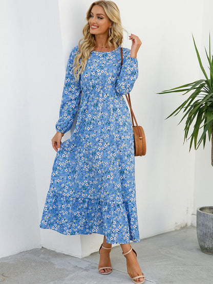 vmtvr - Elegant Floral Print Women Dress Spring Summer Casual O Neck Long Sleeve Chiffon A Line Long Maxi Dress Party Vestidos