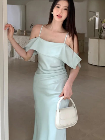 vmtvr 2024 Summer Elegant Women Spaghetti Strap Dress Solid Y2K Sleeveless A-Line Princess Prom Wedding Evening Pirty Backless Clothes