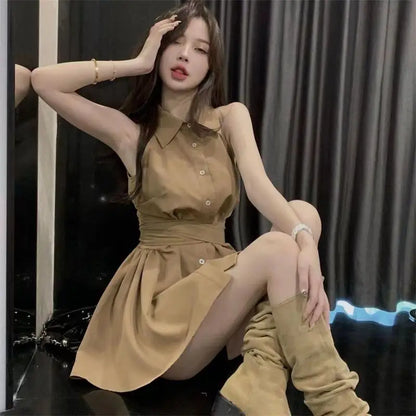 Casual Dress For Women Sexy Korean Fashion Short Dress Streetwear Summer Chic Sleeveless Y2K Elegant Party Lace Up Shirt Dresses