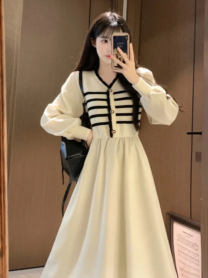 vmtvr  -  Autumn and Winter Korean New Version of the Fashion V-neck Large Size Midi Fake Two-piece Knitted Splicing Loose Skinny Dresses