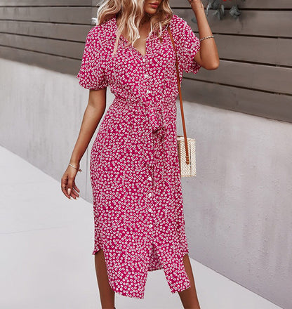 vmtvr  Summer Puff Sleeve Long Dress Women Elegant Printed V-Neck Maxi Dresses Boho Drawstring Loose Holiday Beach Dress