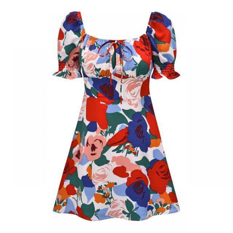 Y2k Floral Print Mini Dress Women Square Collar Puff Sleeve Summmer Skinny Slim Party High Waist Vintage Dresses 2023