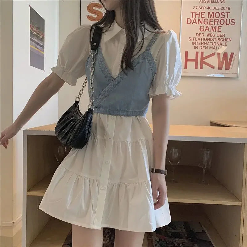 vmtvr 2024 Summer Women's Dress Sets Korean Fashion Elegant Chic Puff Sleeve Shirts Dress Denim Vest 2 Piece Sets New in Matching Sets