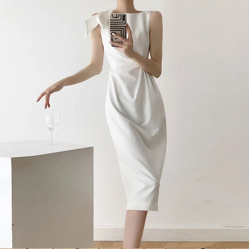 Summer Sleeveless White Female Dress White Korean Chic French Casual Bow Woman Pencil Midi Vest Dress Women Vestido De Mujer New