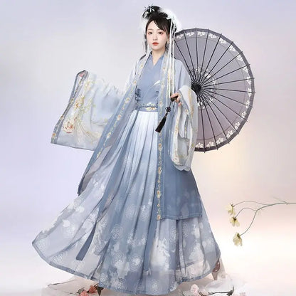 XL Chinese Hanfu Dress Women Carnival Cosplay Costume Ancient Traditional Hanfu Dress Green&Blue Print  Dance Dress Plus