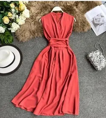 vmtvr  -  Sexy Dress Women Summer New Arival V-Neck Sleeveless Dresses French Chic  Cross Drawstring Slim Waist Vestidos