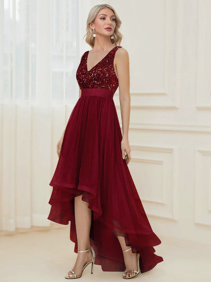 vmtvr - Elegant V-Neck Sleeveless Sequin Floor Length Evening Dress Red Prom Party Luxury Cocktail Dress Robe For Women