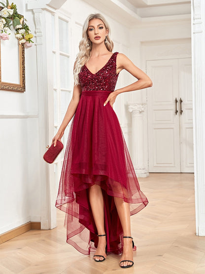 vmtvr - Elegant V-Neck Sleeveless Sequin Floor Length Evening Dress Red Prom Party Luxury Cocktail Dress Robe For Women