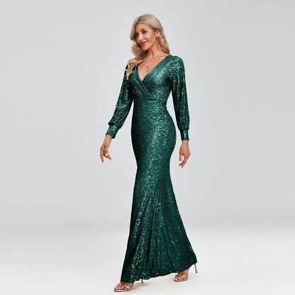 New Women Elegant V-neck Mermaid Evening Dress Floor Length Formal Prom Party Gown Sequins Long Sleeve Galadress Vestidos