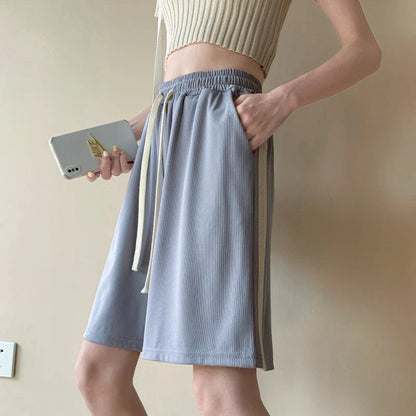 vmtvr Y2K Women High Waist Ice Silk Shorts Korean Fashion Striped Loose Wide Leg Pants Female Summer Casual Sports Shorts