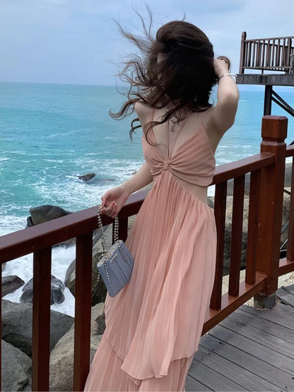 vmtvr Summer New Fashion Women Sexy Pleated  Boho Long Dress Vacation Beach Strap A line Ladies Robe Sundress