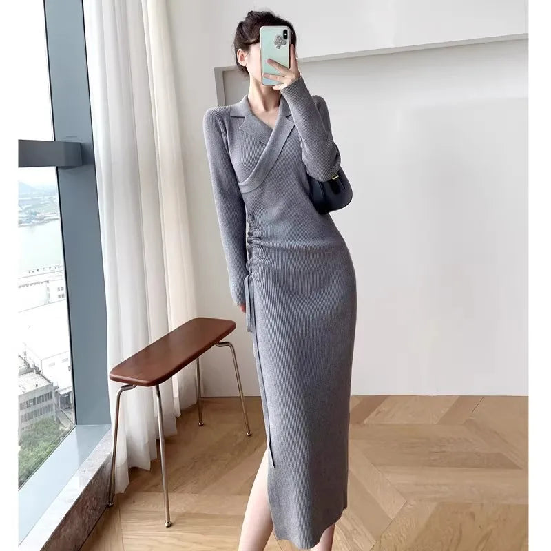 vmtvr Woman Knitted Long Dress Autumn Winter New Sexy Lapel Elegant Commuter Drawstring Waist Slim Bottom Dress Women's Clothing