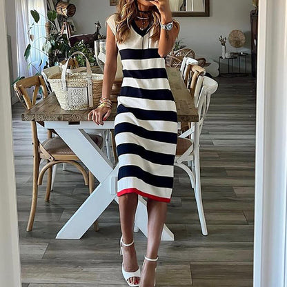 Split Maxi Dress Summer Women  Loungewear Fashion Party Dress Sleeveless Sexy Striped Ladies Dress Streetwear