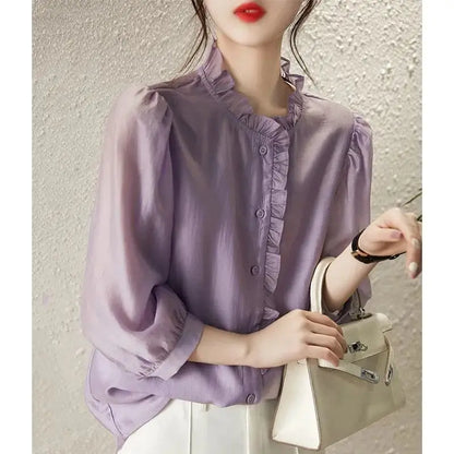 vmtvr French Style Solid Colored Shirt with Wooden Ear Edge 3/4 Sleeve Cardigan Summer New Loose Fitting and Breathable Top