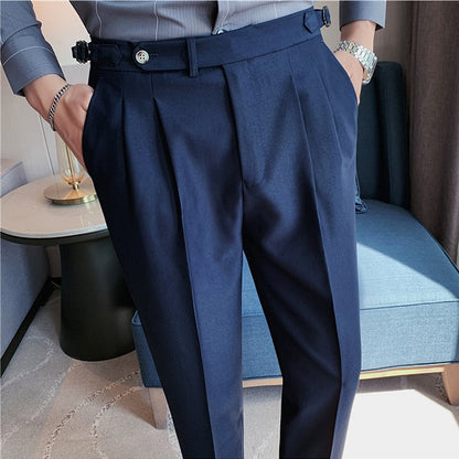 jiaabc British Style Men High Waist Casual Business Dress Pants Streetwear New Fashion Social Belt Decoration Slim Fit Suit Pants