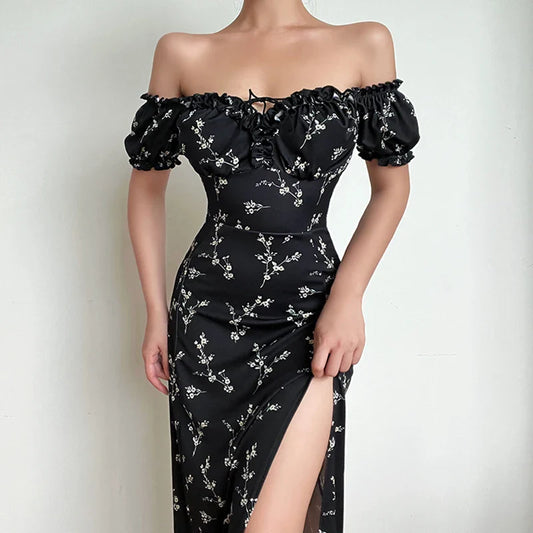 vmtvr Off Shoulder Flower Print Sexy Dress For Women High Split Elegant Long Dresses Backless Bodycon Summer Dress Vestidos