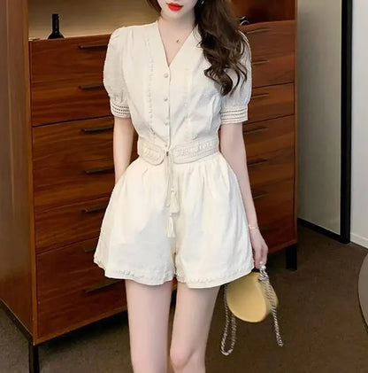 vmtvr Summer New In Women's Shorts Matching Sets Korean Elegant Lace Chiffon Short Sleeve Wide Leg Shorts Plus Size Two Piece Set