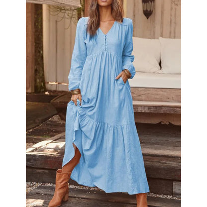 vmtvr  -  Autumn and Winter Women's Clothing V-Neck Button Cotton Linen Retro Casual Long Sleeves Large Swing Long Dresses