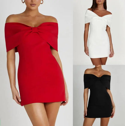 vmtvr  -  Fashion Red Bow Strapless Women Mini Dress Sexy Backless Sleeveless Bodycon Dresses Summer Female Chic New Party Club Robes