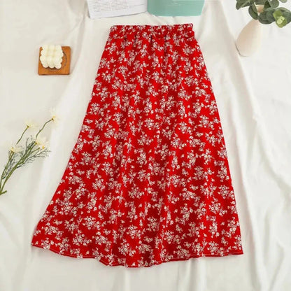 vmtvr Women Chiffon Midi Skirt Korean Fashion Floral Loose Skirts High Waist Female Casual All Match A Line Skirts Summer New