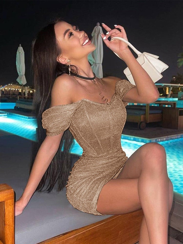 Women's Sexy Off Shoulder Tight Wrap Mini Dress Fashion Off Shoulder Pleated Hem Bodycon Dresses 2023 Female Party Club Dress