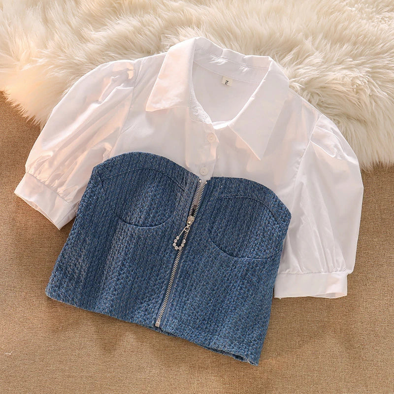 vmtvr Y2K Women Puff Sleeve Shirts Summer Fashion Cropped Patchwork Female Tops Korean Zipper All Match Student Shirt New