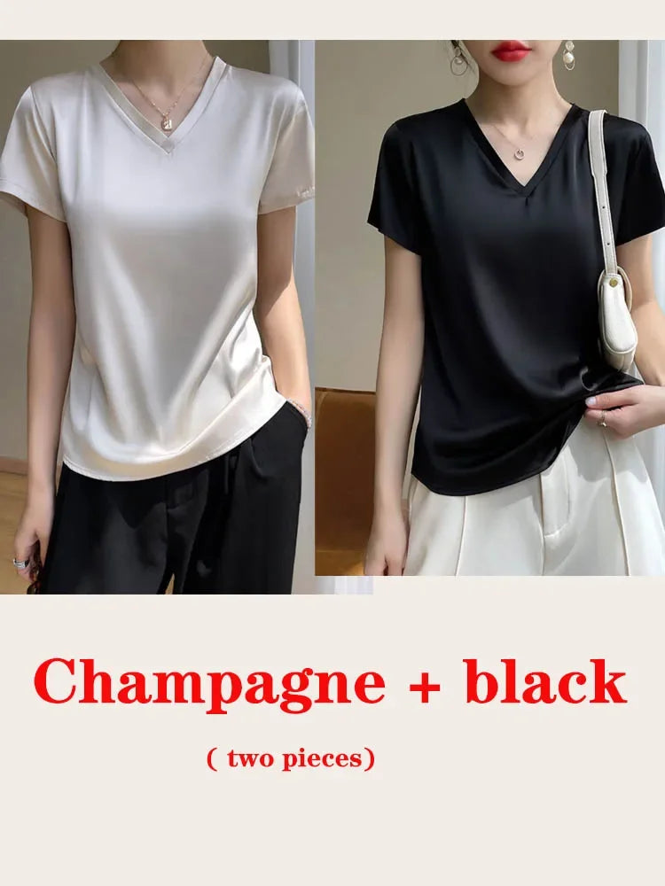 vmtvr Summer Women's T-shirt Korean Fashion Satin V-neck Tees Short-sleeved Casual LOOSE Solid Champagne White Silk T-shirts Women