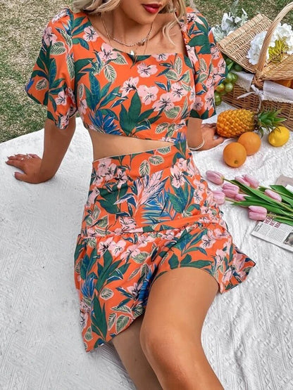 vmtvr Fashion Hollow Puff Sleeve Slim Party Dress Summer Picnic A-Line Casual Dress Women Elegant Square Neck Floral Print Mini Dress