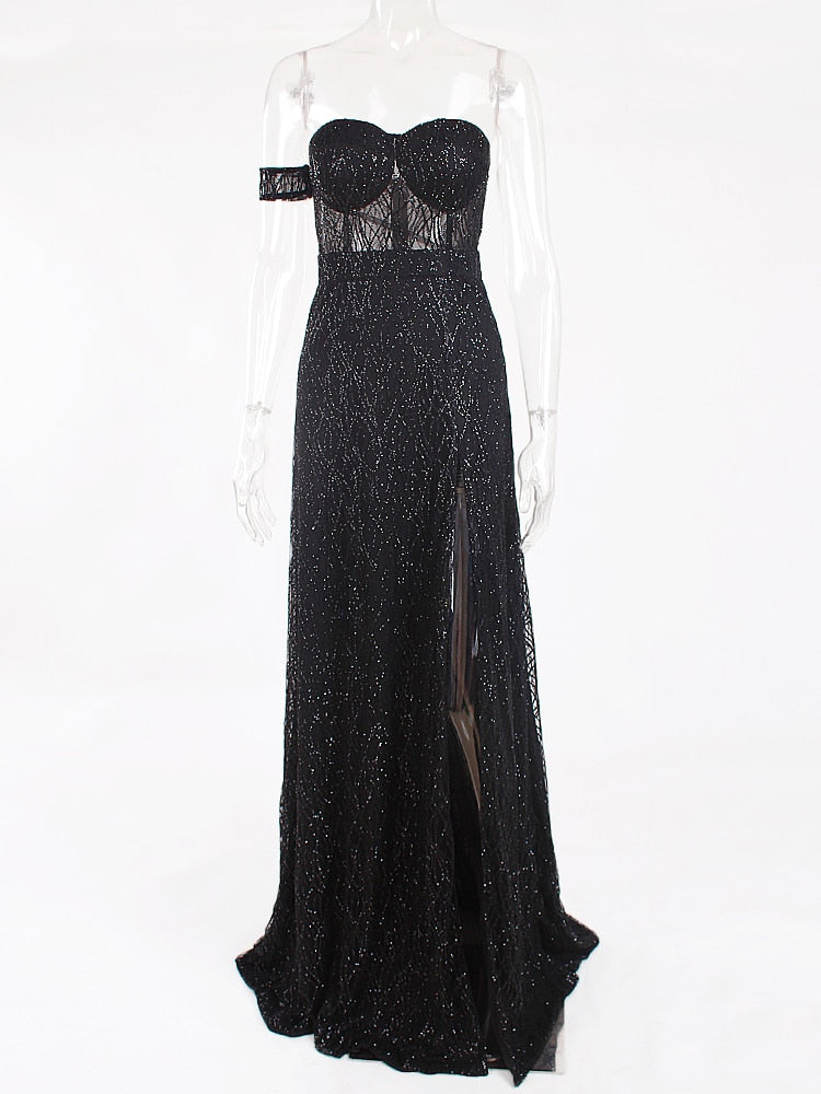 One Sleeve Strapless Long Ball Gown Split Leg Hollow Out Padded Black Glittered Party Maxi Dress