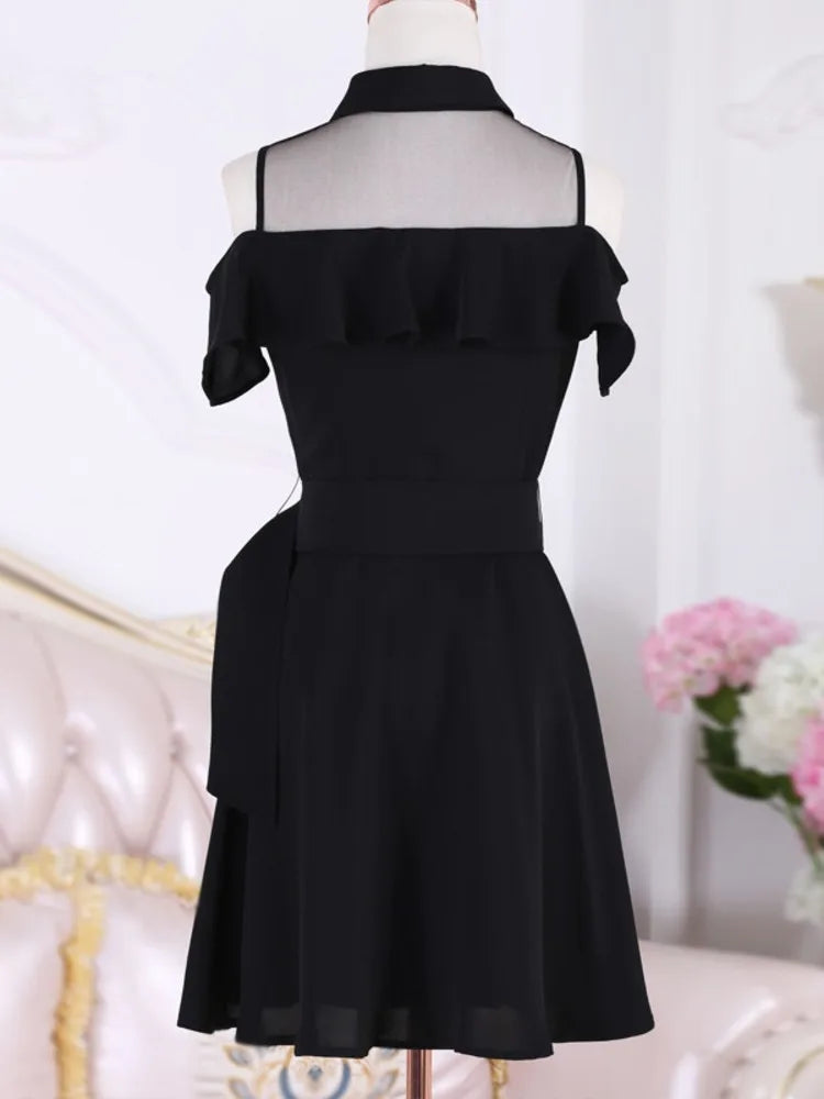 vmtvr  -  Korean OL New Single Breasted Women Summer Dress Sweet Chic Black office work Short mini Dresses With Belt Vestidos jurken