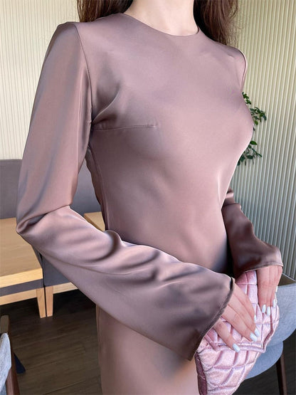 Tossy Satin Fashion Slim Maxi Dress For Women Long Sleeve High Waist Elegant Solid Party Dress Casual Luxury Ladies Summer Dress