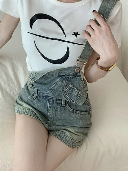 vmtvr OL Stylish New Overalls Shorts Denim Summer Loose Chic Wide Leg Vintage Office Lady Slim Jeanswear All Match