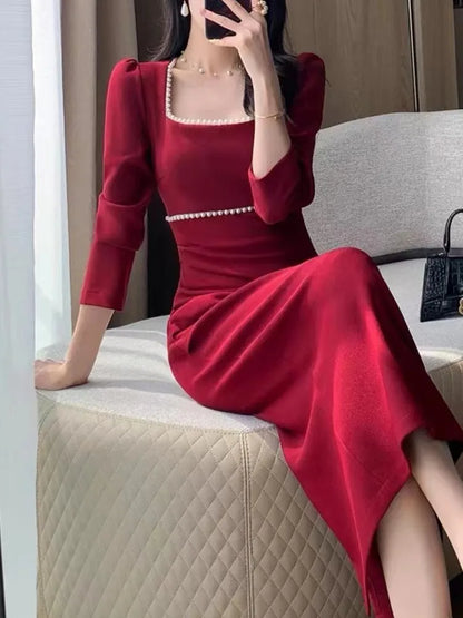 vmtvr Autumn Fashion Vintage Women Red Dress Sexy Bodycon Slim Party Wedding Dresses Chic Elegant Female Clothes Robe Vestidos