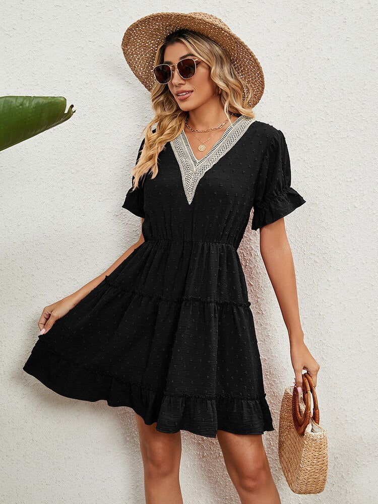 Summer Short Sleeve Dresses For Women Fashion Lace Stitching V Neck Elegant Plus Size Beach Casual Ruffles Mini Dress Vestidos