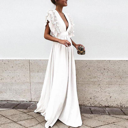 vmtvr Formal Party  Dress Women Deep V-Neck Long Dress Elegant Flying Sleeves Backless Maxi Evening Dresses Robe De Soiree