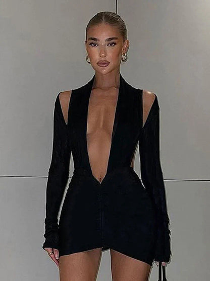 Deep V Neck Long Sleeve Mesh See Through Sexy Backless Mini Dress Women Club Party Elegant Ruched Dresses Clothes