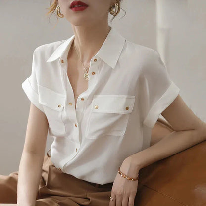 vmtvr Y2K Women Chiffon White Shirt Summer Fashion Metal Button Female Loose Tops Korean Casual Office Ladies Double Pocket Blouse