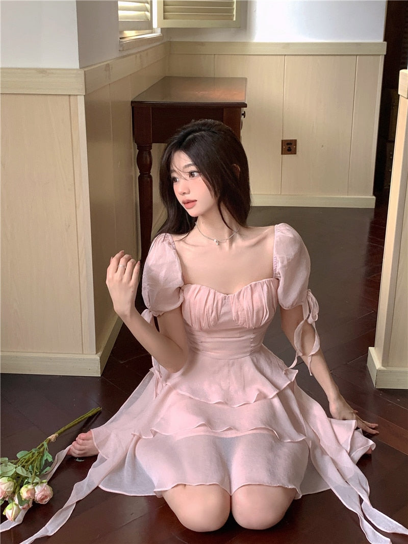 vmtvr Pink Kawaii France Style Short Dress Women Elegant Evening Party Midi Dresses Cute Sweet Puff  Sleeve Clothing 2023