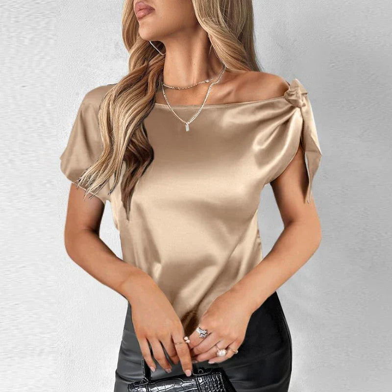 vmtvr Chic Fashion Solid Color Satin Party Blouses Women Sexy Slash Neck Lace-up Shirts Spring Summer Short Sleeve Hollow Top Pullover