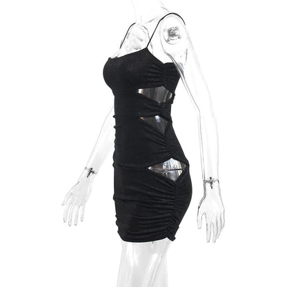 Sexy Black Slip Short Dress Ladies 2023 Summer For Woman Bodycon Dresses Evening Party Tight Mini Dress Silver Wire