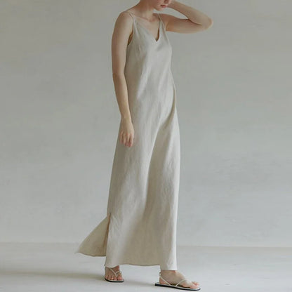 vmtvr 100% Linen Dresses Women Sexy V-Neck Side Slit Summer Elegant Party Solid Thin Dress Long Maxi Robe Women Clothing